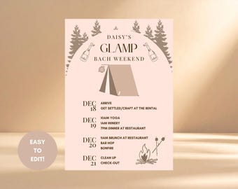 Glamp Bachelorette Itinerary Template | Boho Camping Canva Template | Single-Sided Printable | Rustic Bride Trip Schedule