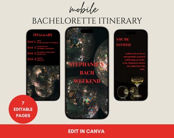 City/Disco Ball Bachelorette Mobile Itinerary Template: Red Theme (Canva Digital Download)
