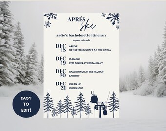 Aprés Ski Bachelorette Itinerary 5x7 Editable Template: Light Winter Design (Digital Download)