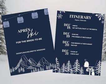 Aprés Ski Bachelorette Itinerary 5x7 Editable Template: Dark Winter Design (Digital Download)
