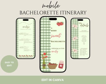Cottage/Berry-Sweet Bachelorette Mobile Itinerary Template - Canva Digital Download - Green