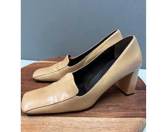 Enzo Angiolini Camel/Tan Leather Square Toe Block Heel Pumps Size 8M
