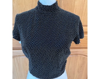 Vintage VIE Victoria Royal Black Fully Beaded Mock Neck Top Hong Kong