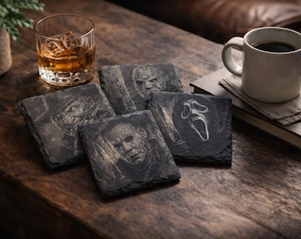 Horror Movie Slate Coasters, Engraved Dark Home Decor, Gothic Bar Accessories Set