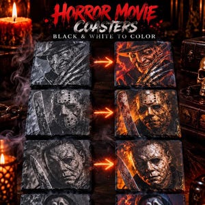 Puede incluir: Un juego de posavasos cuadrados con personajes de películas de terror. La columna izquierda muestra retratos en blanco y negro de Freddy Krueger, Jason Voorhees y Michael Myers, mientras que la derecha muestra a los mismos personajes a todo color.