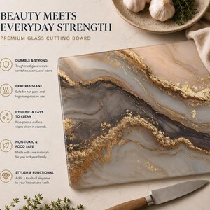 Tempered Glass Cutting Board, Gold Marble Texture, Elegant Kitchen Decor