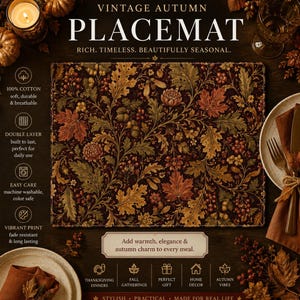 May include: A rectangular placemat featuring a dark brown background with a dense, intricate pattern of autumn leaves, acorns, and berries in shades of orange, gold, and deep red. The placemat is displayed alongside plates, cutlery, and candles.