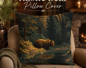 Bear Throw Pillow, Rustic Forest Pillow, Woodland Bear Decor, Cabin Lodge Pillow, Nature Wildlife Cushion, Mountain Home Decor