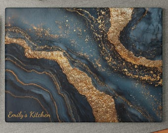 Tempered Glass Cutting Board | Black and Gold Marble Design | Personalized Kitchen Style