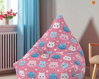 Kids Bean Bag Chair | Pink Cat Print, Polyester Cover