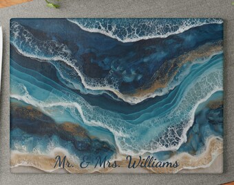 Tempered Glass Cutting Board | Ocean Wave Design | Personalized Wedding Gift