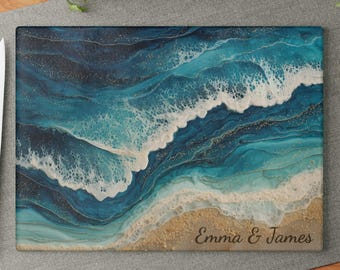 Tempered Glass Cutting Board | Ocean Wave Design | Personalized Couple Gift
