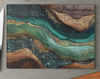 Tabla de cortar de vidrio templado / Diseño artístico de resina / Estilo madera y océano personalizado