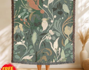 Woven Throw Blanket | Botanical Garden Pattern | Green Cotton Sofa and Bed Blanket