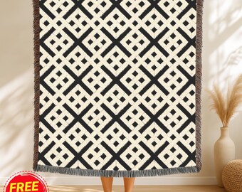 Manta tejida de algodón / Estampado geométrico negro y beige / Decoración moderna para el hogar y el sofá
