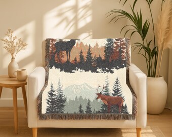 Woven Throw Blanket | Cabin and Deer Forest Scene | Rustic Lodge Home Decor