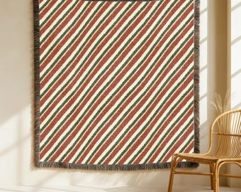 Striped Woven Cotton Throw Blanket: Brown & Green Cabin Decor