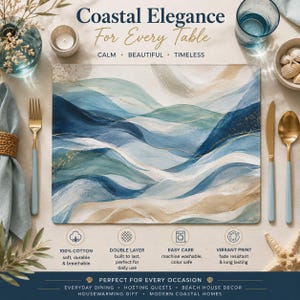 May include: A rectangular placemat featuring an abstract wave pattern in shades of blue, teal, and beige with gold accents. The text reads Coastal Elegance For Every Table, Calm, Beautiful, Timeless, 100% Cotton, Double Layer, Easy Care, and Vibrant Print.