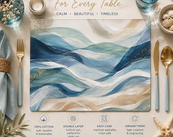 Abstract Ocean Wave Placemat, Watercolor Coastal Table Decor, Blue Beach House Dining Mat