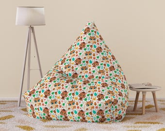 Funda para sillón puf infantil con estampado de animales del bosque, de poliéster, disponible en dos tamaños.