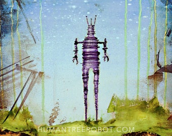 Robot in Surreal Landscape - Wood Panel Print - Handmade - Many Sizes Available