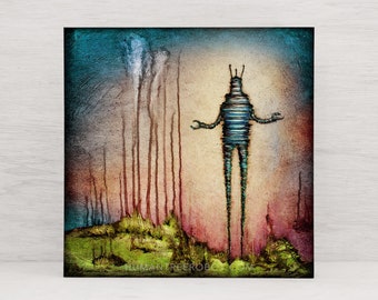 Robot in Drip Landscape - Wood Panel Print - Handmade - Many Sizes Available