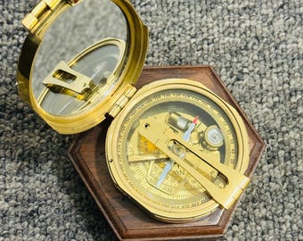 真鍮製コンパス（木箱入り）、ヴィンテージ航海スタイル