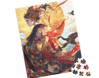 Japanese Samurai Warrior Jigsaw Puzzle for Adults, Moon Moonlight Anime Art Puzzle, Unique Gift for Gamers, 500 1000 Piece Fantasy Wall Art