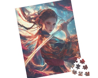 Japanese Samurai Warrior Jigsaw Puzzle for Adults, Moon Moonlight Anime Art Puzzle, Unique Gift for Gamers, 500 1000 Piece Fantasy Wall Art