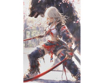 Japanese Samurai Warrior Jigsaw Puzzle for Adults, Moon Moonlight Anime Art Puzzle, Unique Gift for Gamers, 500 1000 Piece Fantasy Wall Art