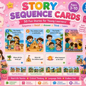 Story Sequence Cards Bundle | 50 Sequencing Stories | WH Questions Activities | Speech Therapy Printable PDF
