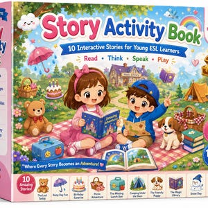 Könnte beinhalten: Ein Story Activity Book für 5- bis 8-Jährige mit 10 interaktiven Geschichten für junge Englischlernende. Das Cover zeigt zwei Kinder, die auf einer Picknickdecke lesen, umgeben von einem Teddybären, einem Welpen und einem Zelt. Enthält 130+ Seiten.