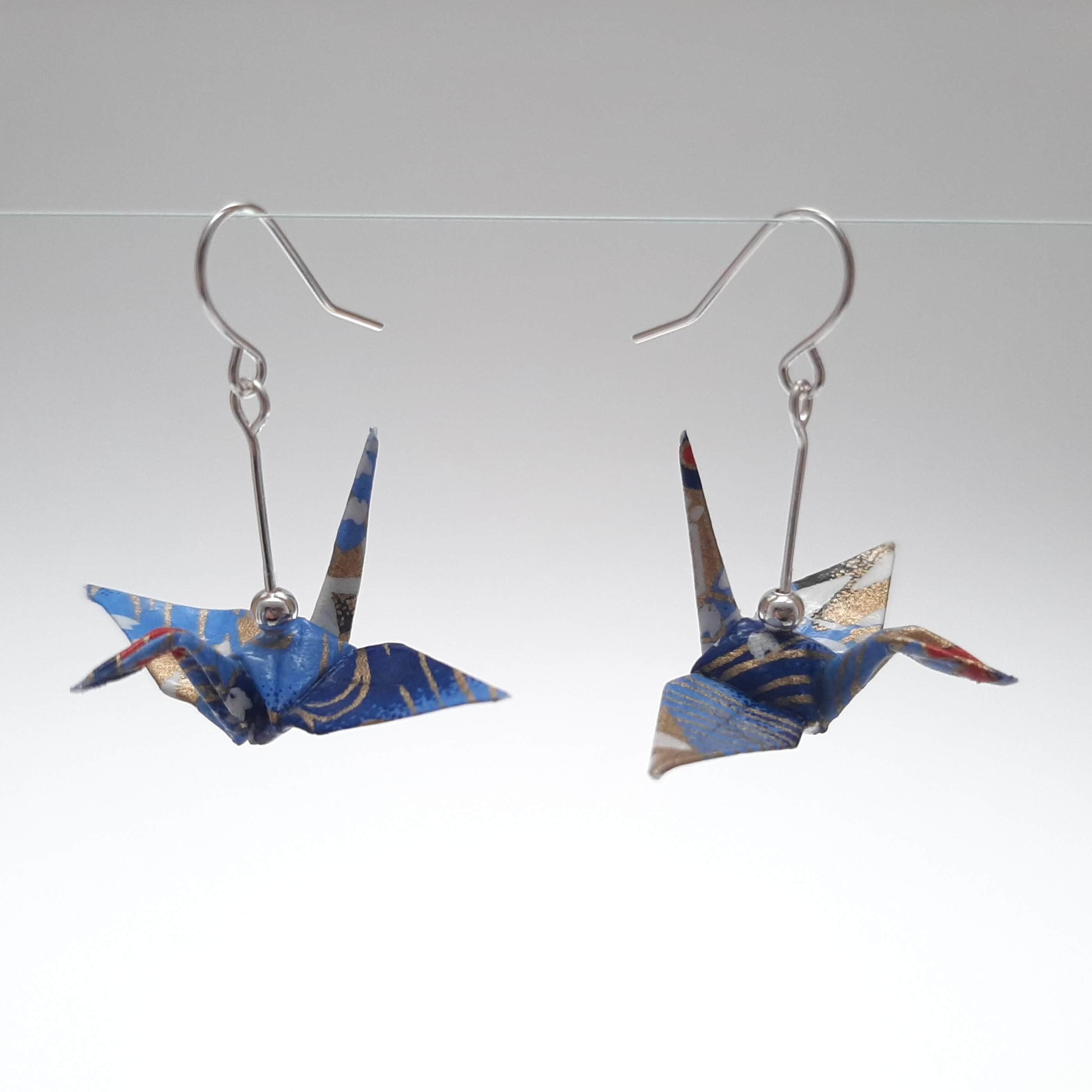 Blue & Gold Origami Crane Earrings - Etsy