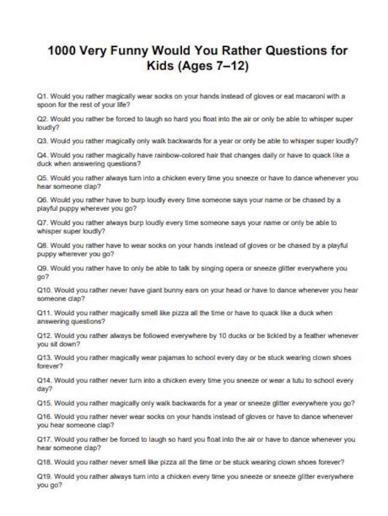 Humorous Faq Questions 1000 Very Funny Would You Rather Questions for Kids - Etsy