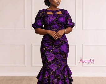 ASOEBI DESIGN paarse koninklijke Afrikaanse damesjurk Ankara print maxi-jurk voor bruiloftsgast, feestkleding