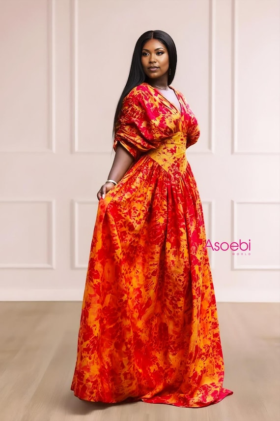 red and yellow maxi dress ASOEBI DESIGN Red Yellow Adire Maxi Dress | African Dress for Women,  Wedding Guest, Party Wear