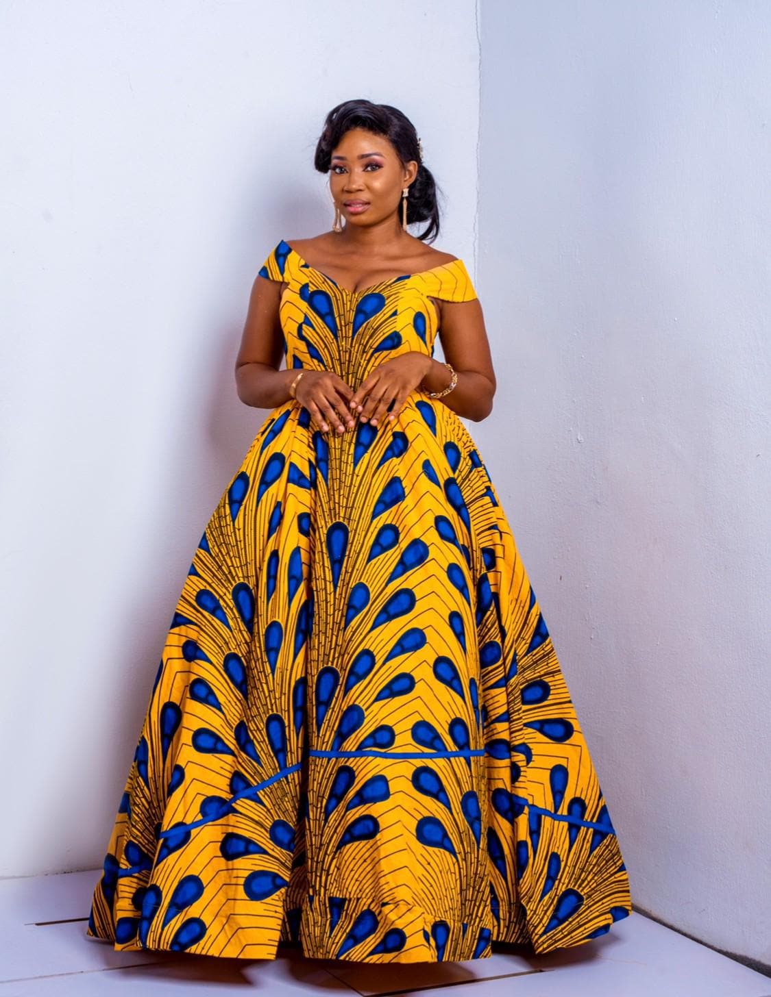 blue and yellow long dress African Women Dress, Ankara Print Maxi 94 cm / 37.0 Unconventional Wedding Dress Exclusive Formal Dress Shoe Color:Black / Cream
