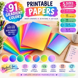 May include: A collection of printable papers featuring 91 gradient colors in smooth, pattern-free designs. Includes PDF and PNG formats in five sizes: US Letter 8.5 x 11 in, A4 210 x 297 mm, A5 148 x 210 mm, 7 x 9 in, and 6 x 9 in. Multi-colored sheets.