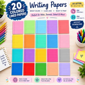 Puede incluir: Una colección digital de 20 papeles rayados de colores en formato carta estadounidense de 8,5 x 11 pulgadas. El conjunto incluye varios colores brillantes, cada uno con líneas horizontales limpias y un margen vertical. Archivos PDF y PNG.
