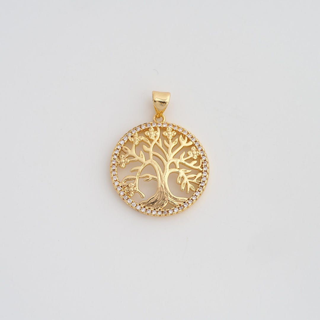 18K Gold Filled Tree of Life Pendant,gold CZ Round Charms,diy Jewelry ...