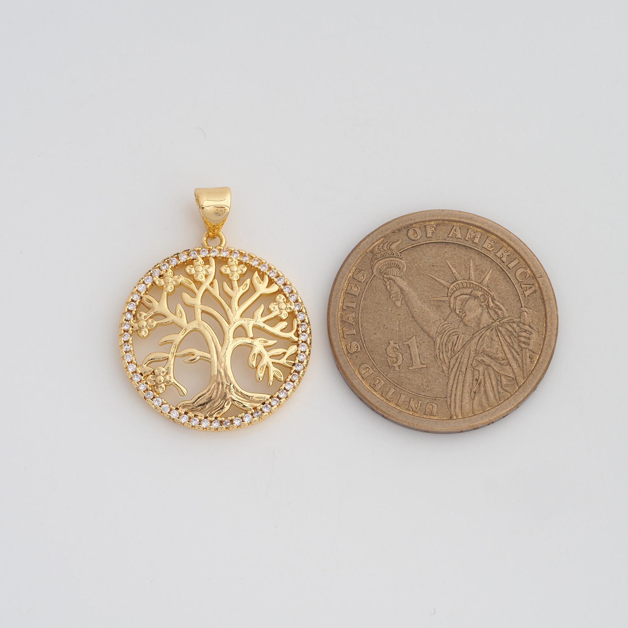 18K Gold Filled Tree of Life Pendant,gold CZ Round Charms,diy Jewelry ...