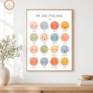 May include: A wall art print titled MY BIG FEELINGS featuring sixteen circular watercolor illustrations of faces expressing various emotions including happy, sad, angry, excited, calm, tired, worried, proud, shy, silly, confused, surprised, loved, lonely, frustrated, and brave.
