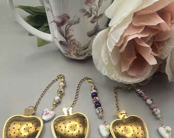 Gold Heart Tea Strainer with Crystal Spoon and Ceramic Charm | Tea Infuser Set