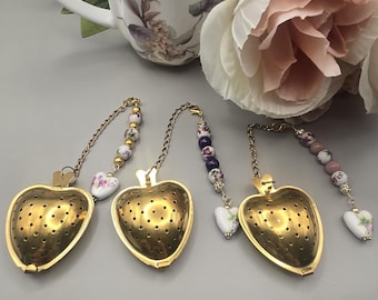 Gold Heart Tea Strainer with Crystal Spoon and Ceramic Charm | Tea Infuser Set