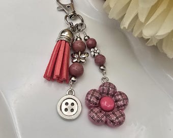 Flower Gemstone Bag Charm with Leather Tassel