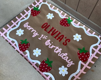 Hand-Painted Strawberry First Birthday Banner | Custom Party Decor Sign