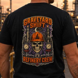 May include: A black t-shirt featuring a graphic on the back with a skull wearing an orange hard hat, surrounded by industrial refinery pipes, gauges, and purple smoke. The text reads GRAVEYARD SHIFT REFINERY CREW in orange block lettering.