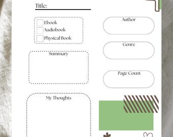 Plantilla de reseña de libro en color salvia, PDF imprimible, PDF de descarga instantánea para reseñas de libros, hojas de registro de libros