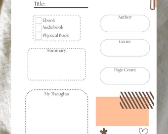 Plantilla de reseña de libro, PDF imprimible, página imprimible de diario de lectura, seguimiento de lectura