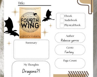 Plantilla de reseña de libros de fantasía, página imprimible para diario de lectura, registro digital de reseñas de libros, romance, inspirado en Fourth Wing, seguimiento de lectura